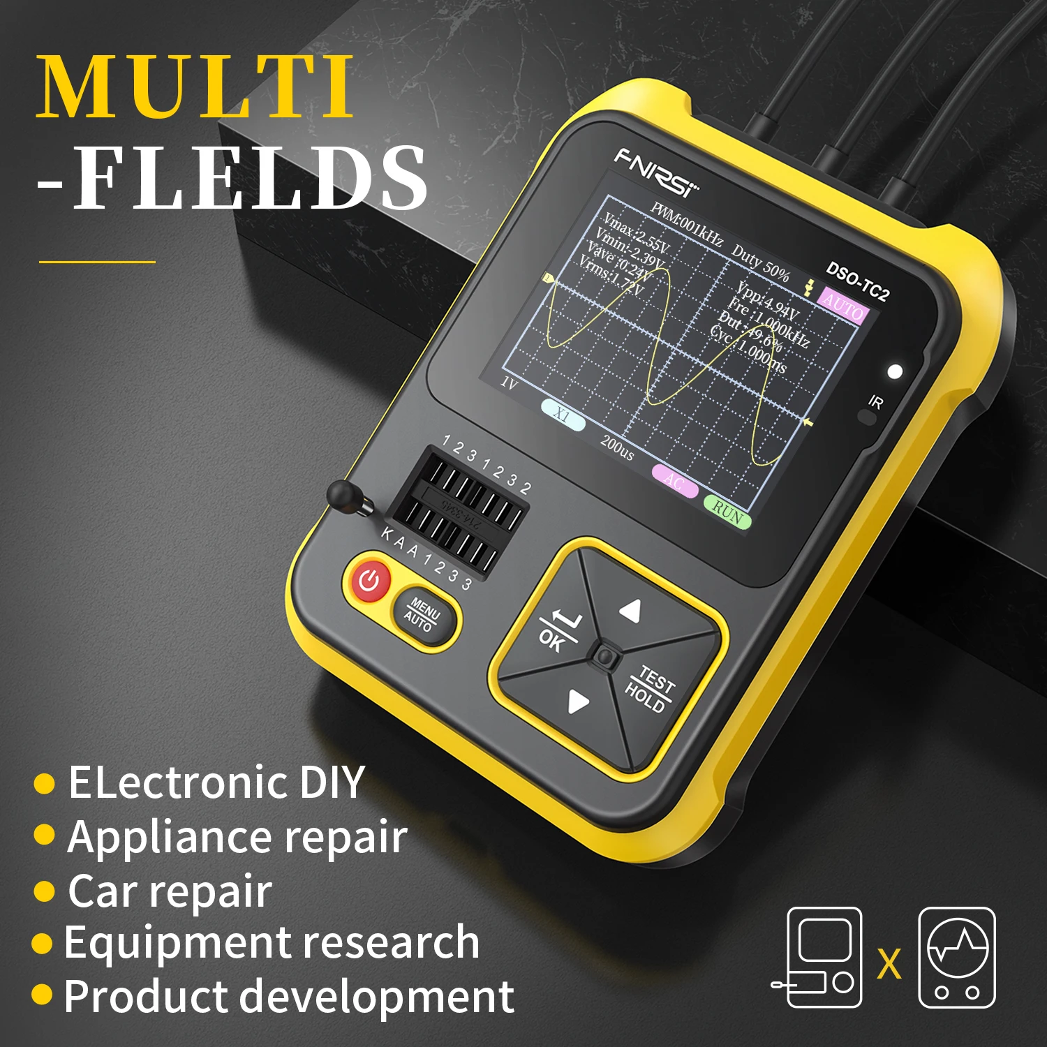 FNIRSI DSO-TC2 Digital Oscilloscope Transistor Tester 200kHz Bandwidth 2.5MS/s Sampling Rate Support Diode LCR Detect PWM Out