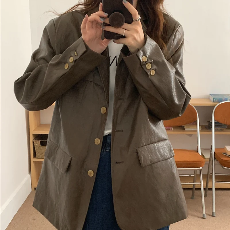 2022 autumn and winter new women's long-sleeved Korean fashion casual loose lapel trend leather suit jacket women