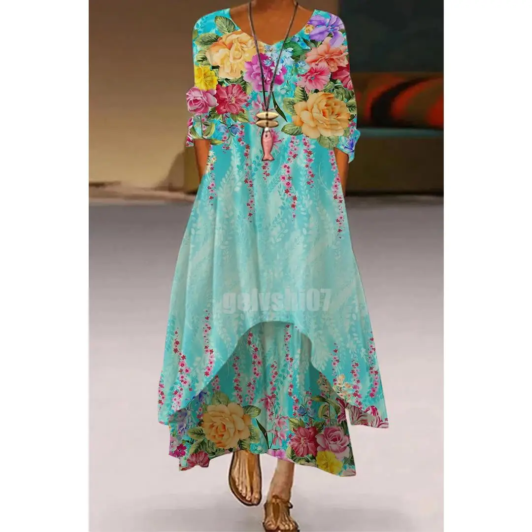 

Novo 3d цветочный принт с v-образным вырезом элегантная женская уличная одежда solto feminino primavera Лето modavintage longo2022