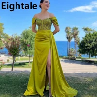 olive green satin mermaid evening dress sexy off shoulder high slit prom dresses 2022 formal women party gowns robe de soiree
