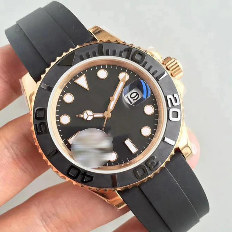 

Fashion Mens Sports Watch Waterproof 40mm Rose Gold Stainless Black Rubber Strap Luminous Automatic Mechanical Male Wristwatch