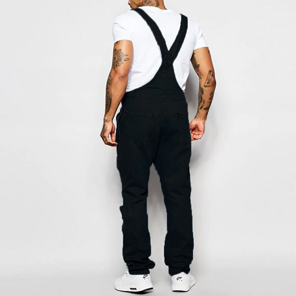Fashionable Men Suspender Denim Jumpsuit Ripped Jeans Streetwear Male Pants Spring and Autumn Full Length Bibs
