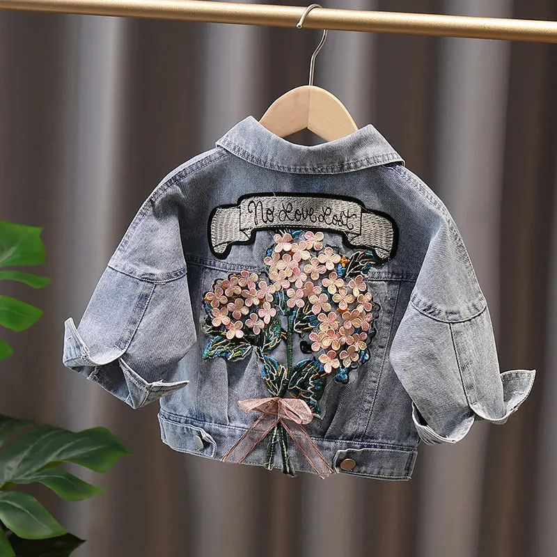 

0-5Y Girls jacket coat denim jacket spring new children's fashion Coat Outwear jeans clothing baby embroidered flower jacket
