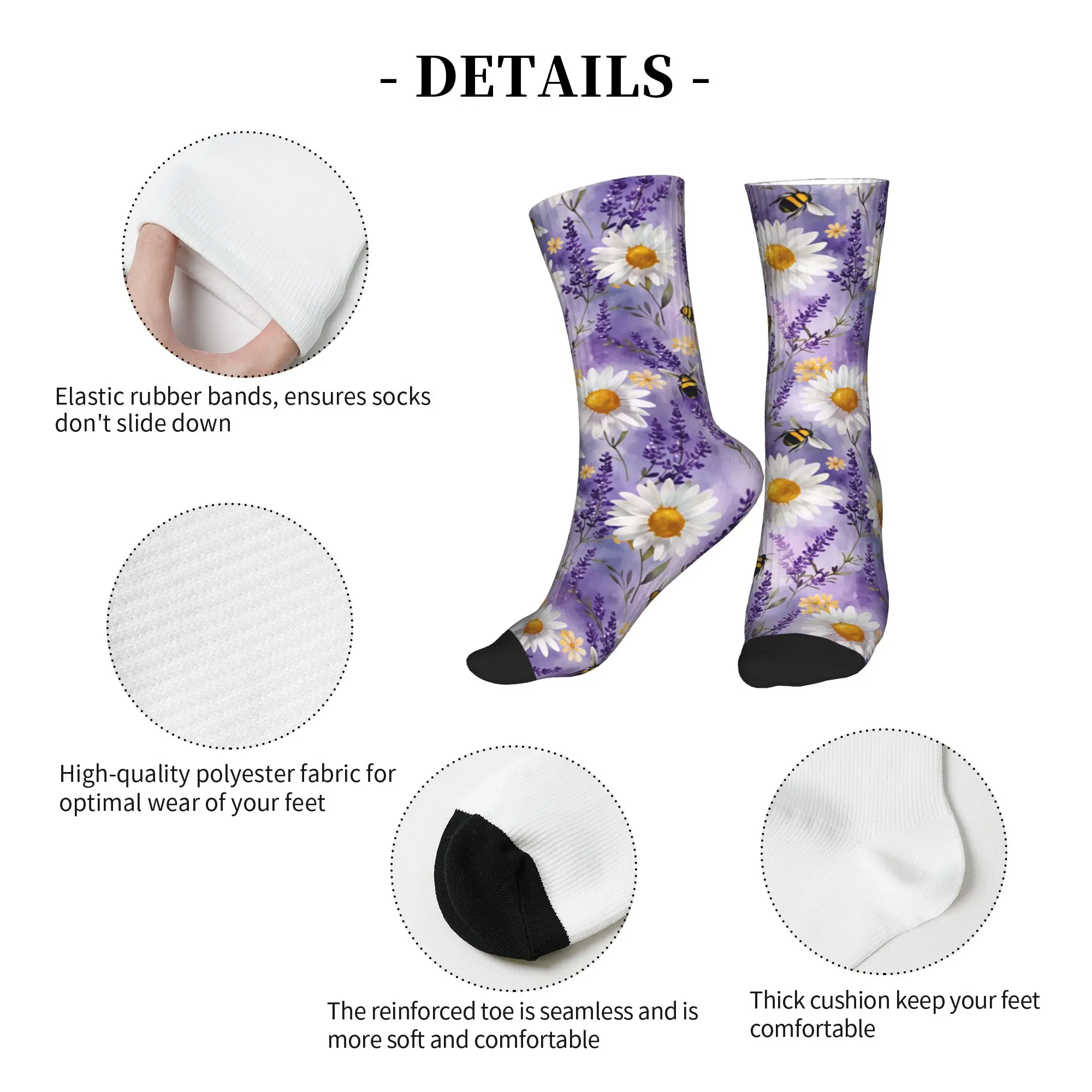 Фото Носки Harajuku Bee Lavender Daisy Watercolor для женщин и мужчин, теплые спортивные баскетбольные носки с 3D принтом №5