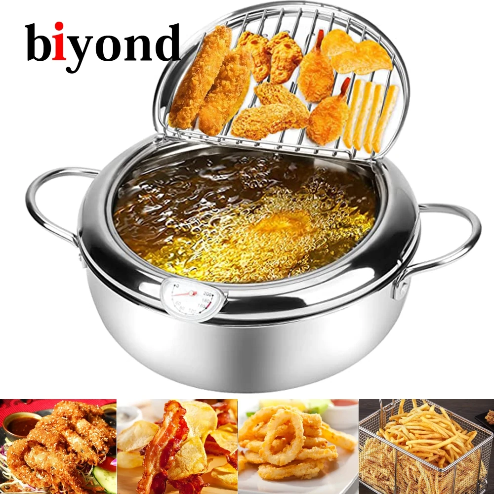 

biyond 304 Stainless Steel Japanese Deep Fryer With Thermometer and Lid Without Oil Frying Pan Fryer Kitchen Tempura Fryer