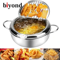 biyond 304 Stainless Steel Japanese Deep Fryer With Thermometer and Lid Without Oil Frying Pan Fryer Kitchen Tempura Fryer