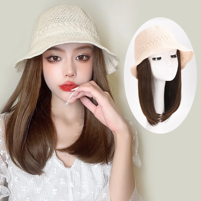 

TALANG Synthetic Heat Resistant Fiber Synthetic Knit Fisherman Bucket Hat Straight Hair Wig Adjustable Natural Wig Hair