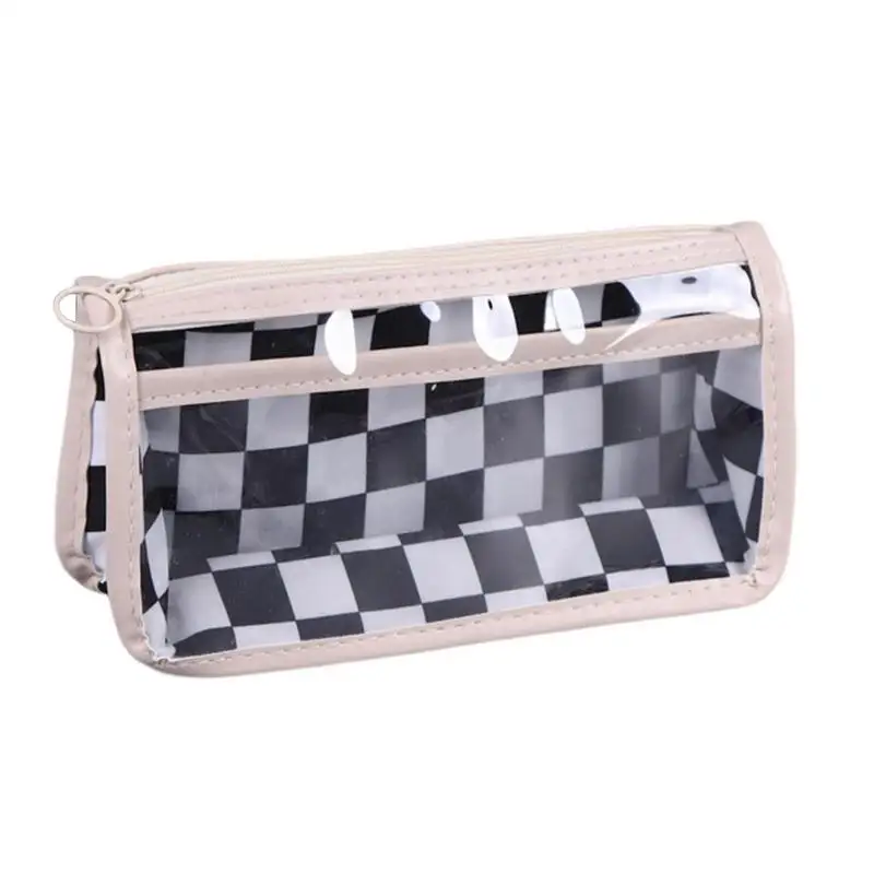 Case Black And White Grid Zipper Pencil Box Big Capacity Clear Pen Bag Checkboard Pattern Pvc Polyester Storage Pouch