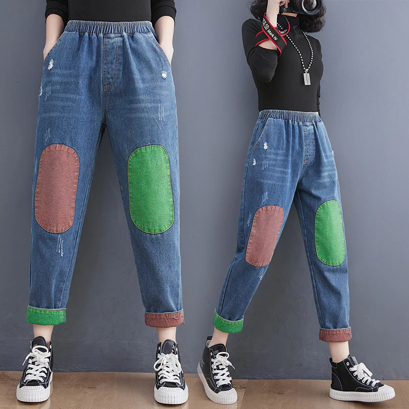 Джинсы женские цветные с поясом на резинке дизайнерские брюки-султанки из денима
