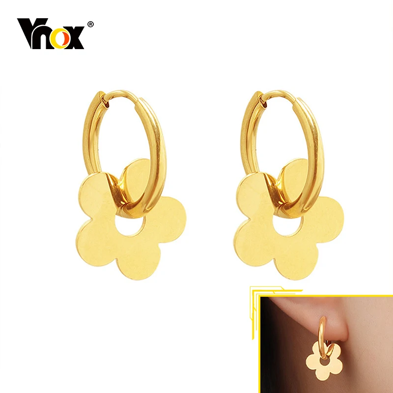 

Vnox Delicate Flower Drop Dangle Earrings for Women, Gold Tone Stainless Steel Ear Clip Jewelry, Temperament Geometric Ear Gift