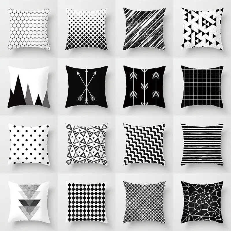 

45x45cm Striped Dotted Grid Triangle Geometric Art Cushion Cover Geometric Cushion Cover Black and White Polyester Pillow Cover