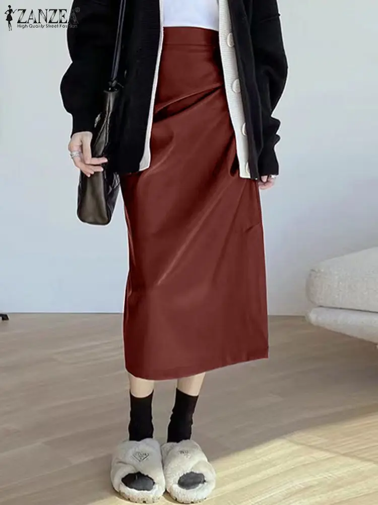 

Осенняя юбка-футляр ZANZEA 2022 в Корейском стиле, женская элегантная юбка миди из искусственной кожи, плиссированная модная повседневная женск...
