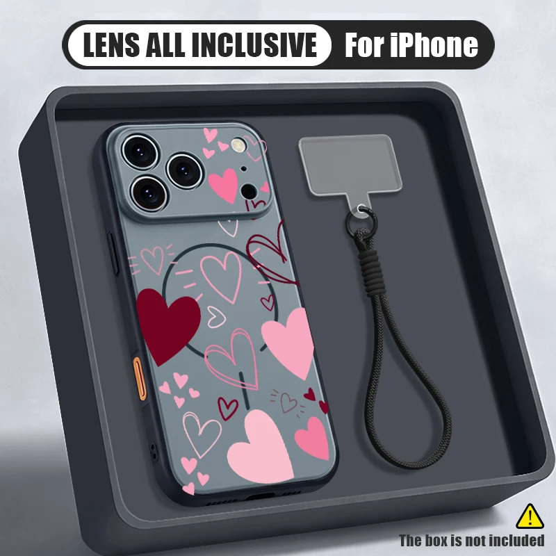 Фото Магнитный чехол для телефона с узором в виде сердечек для iPhone 17, 16 Pro, 15, 14, 13 Pro Max, совместимый с MagSafe, с ремешком на запястье и жесткой задней крышкой из поликарбоната №1
