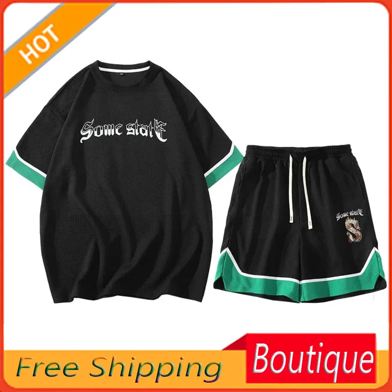 Waffle Suit Men's Set Summer Color Matching Loose Sports Casual Fashion Handsome Short Sleeve T-shirt Shorts Two Piece Set