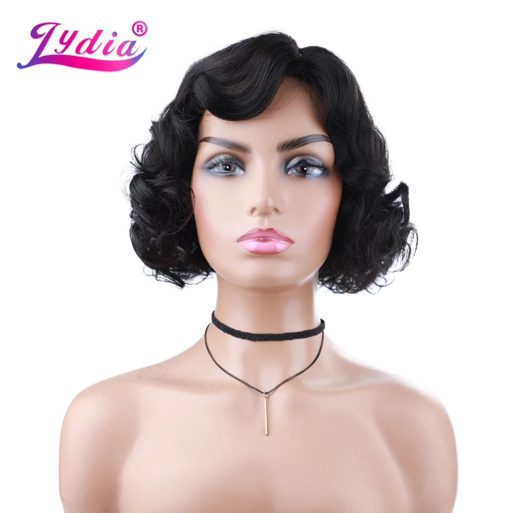 

Lydia Mixed Human Hair Synthetic Side Part Dancing Bancy Curly Natrual Bang Wavy Short Water Wave With Skin Topper Daily Wigs