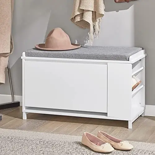 

White Storage Bench with 2 Doors, Shelf & Removable Seat Cushion, Shoe Cabinet, Shoe Bench