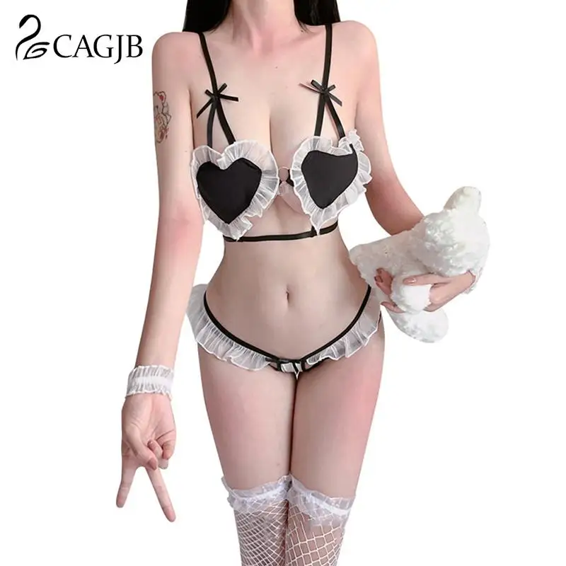 

Sexy Cosplay Costumes Black White Bra Set Cute Bikini Outfit Heart Lace Chiffon Fabric Kawaii Style Underwear