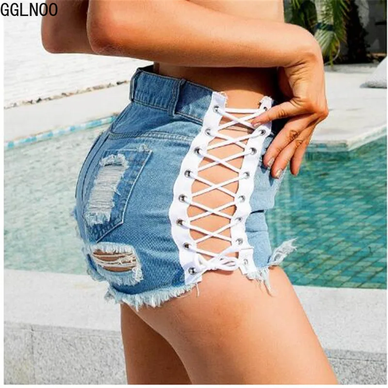 

GGLNOO Fashion Sexy Summer New Women Ripped Straight Denim Shorts High Waisted Tassel Elastic Lace Up Bandage Club Hotpants