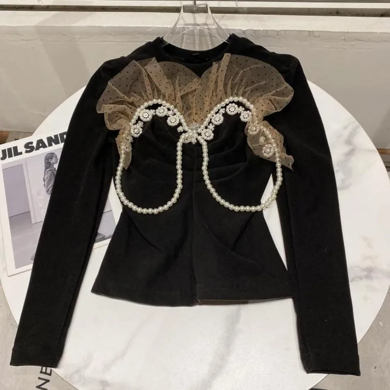 

Fashion Beaded Round Neck Long-Sleeved T-Shirt Female High Street Mesh Stitching Pleated Top Bottoming Shirt f39