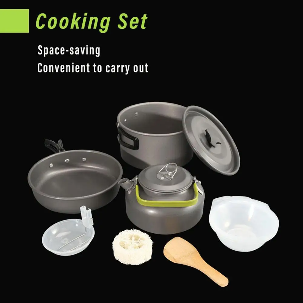 

1Set Camping Cookware Kit Outdoor Aluminum Cooking Set Water Kettle Pan Pot Travelling Hiking Picnic BBQ Tableware Equipment