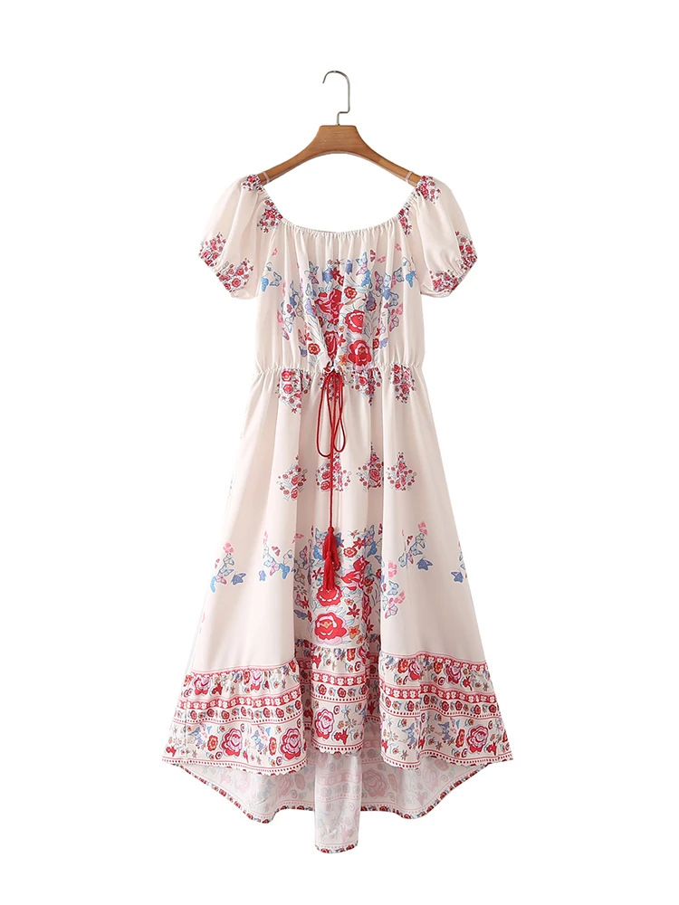 

Women Off Shoulder Puff Sleeve Bohemian Dress Summer Floral Print Drawstring Tassel Lace Up Midi Dresses 2022 robe femme