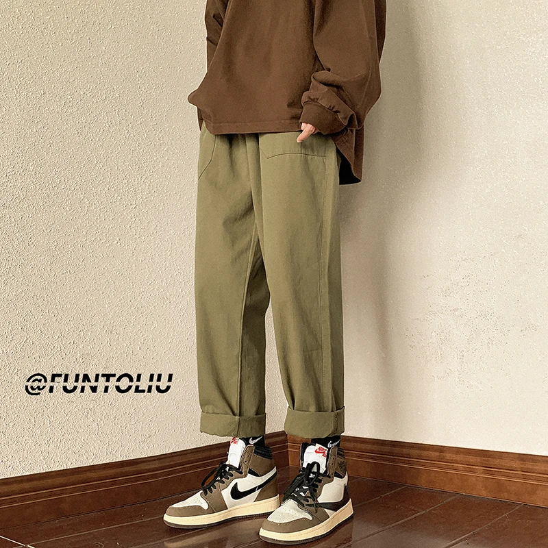 Summer Cotton Casual Pants Men Fashion 4 Colors Retro Straight Pants Men Streetwear Hip Hop Loose Cargo Pants Mens Trousers