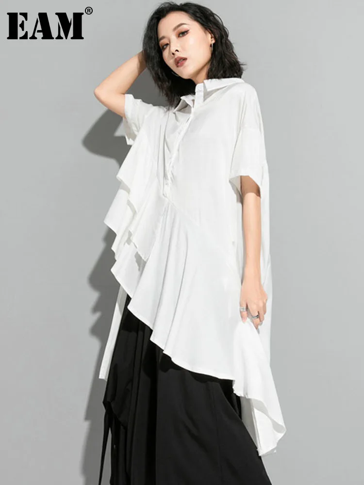 [EAM] Женская белая плиссированная блузка большого размера новая свободная