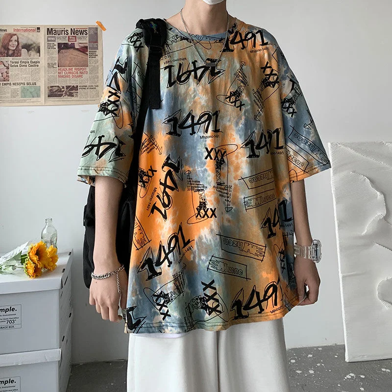 

NoEstaMal Summer Tie Dyed Men T Shirt Short Sleeve Letter Graphic Graffiti Oversize Male Top Tees Harajuku Hip Hop Man Clothing