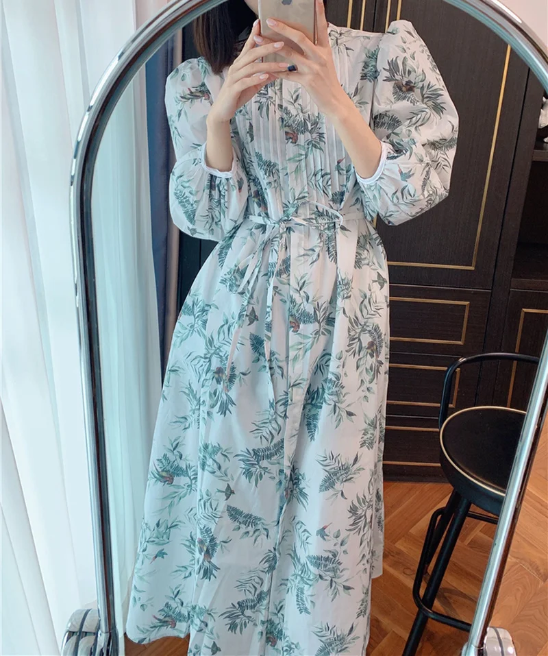 

Женское длинное платье с поясом, элегантное платье с винтажным принтом и длинным рукавом-фонариком, приталенное платье на весну 2022