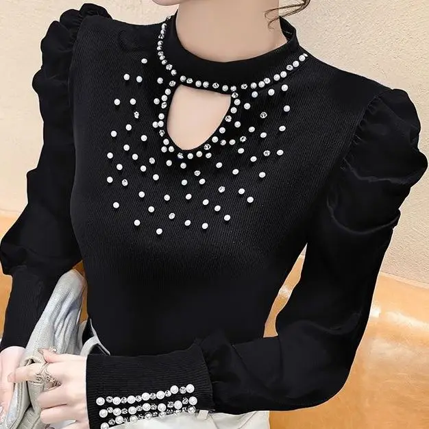Autumn and Winter 2022 New Korean  Pearl Bubble Sleeve Solid Color Slim Sexy Knit Undercoat Sweater
