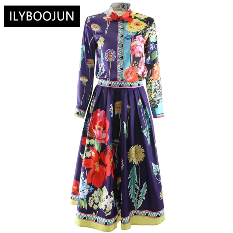 

2022 Elegant High Quality Winter Skirts Suit Women's Turn-down Collar Flower Print Shirts And Purple Skirts Two Pieces Set