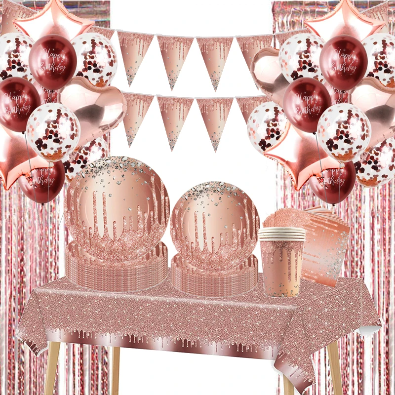 

Rose Gold Birthday Party Decoration Disposable Tableware Paper Plate Cup Tablecloth Girls Party Table Decor Wedding Supplies