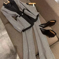 newest 2022 runway designer elegant womens sexy sequin single button plaid blazer and ol high waist flare pants business suits