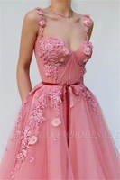 new fairy pink tulle evening dresses formal a line flora appliques backless long party occasion gown women plus size prom dress