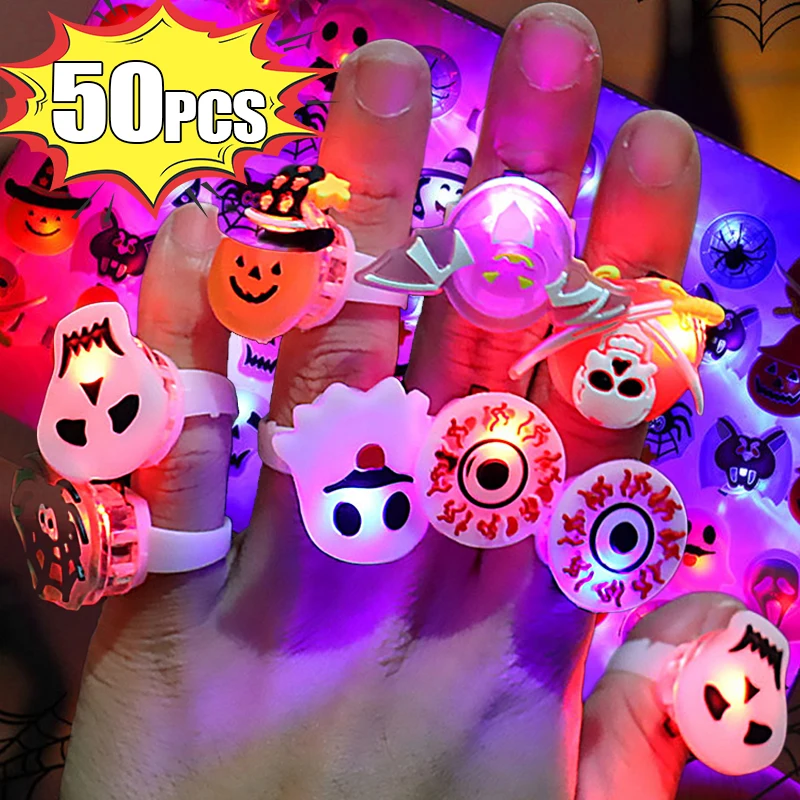 

10-50pcs LED Luminous Halloween Rings Glowing Pumpkin Ghost Skull Spider Finger Ring Bracelet Halloween Cosplay Party Decoration