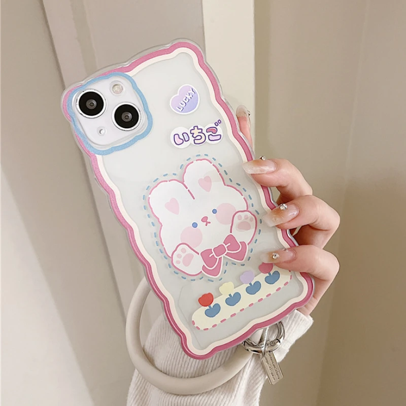 

Cute Pink Rabbit Wave Border Clear Phone Case For iPhone 13 11 12 Pro Max X XR XS Max MINI 7 8Plus Cartoon Circle Bracelet Cover