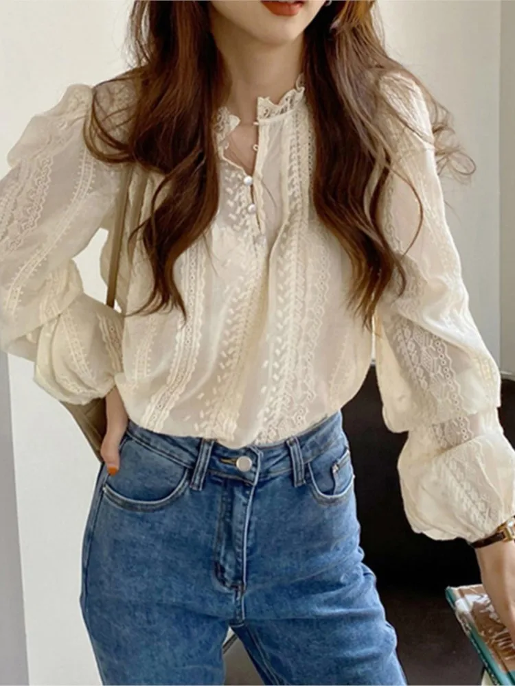 Женская кружевная блузка с круглым вырезом элегантная повседневная Свободная