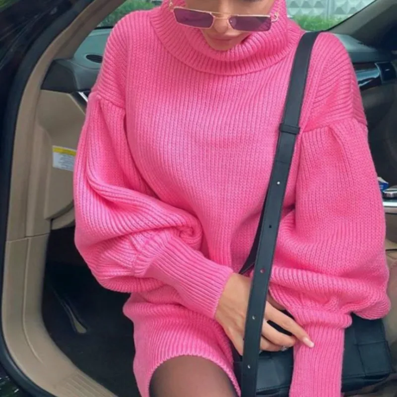 

Women Winter Fall Long Puff Sleeves Turtleneck Sweater Dress Loose Casual Mini Dress Autumn Lady Fashion Knitting Short Dresses