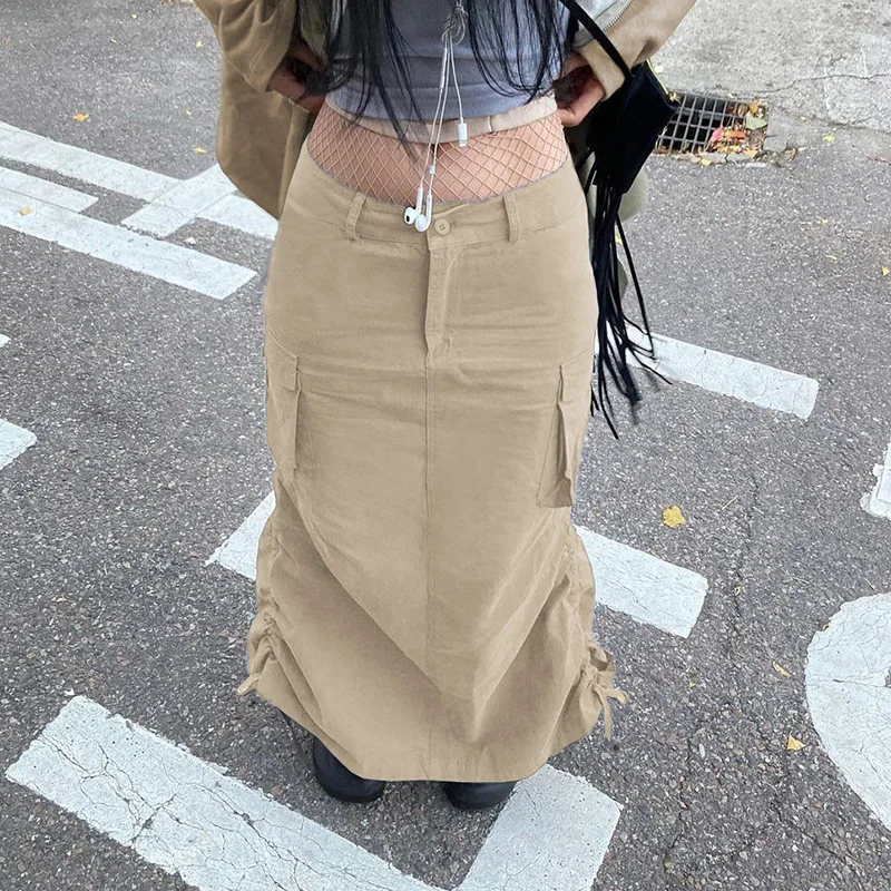 

Pleated Drawstring Slit Long Skirts Solid High Waist Slit A-line Skirt 2023 Summer Fashion Streetwear Casual Loose Half Dress