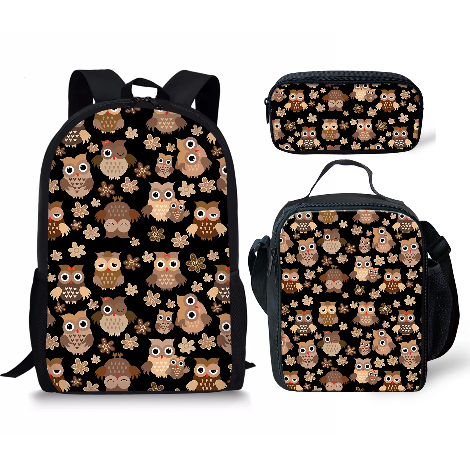 Cartoon Owl Pattern Girls School Bag Set Large Capacity Students Backpacks 3pcs Pencil Lunch Children Mochila Free Shipping