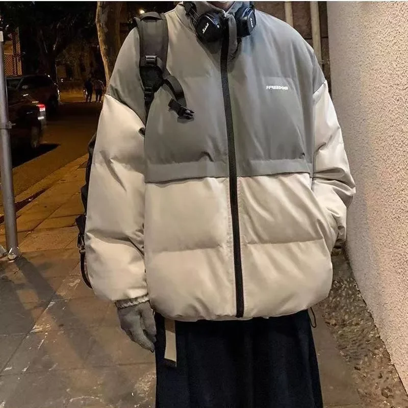 down coat men's thickened warmth stand-up collar Korean trend contrast color loose lovers padded Kong style cotton