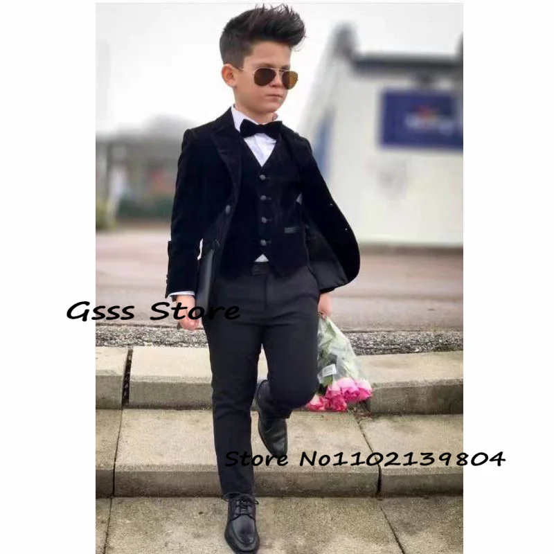 Boys Velvet Suit 3 Piece Formal Jacket Pants Vest Business Style Kids Blazer Party Pants Set costume enfant garçon