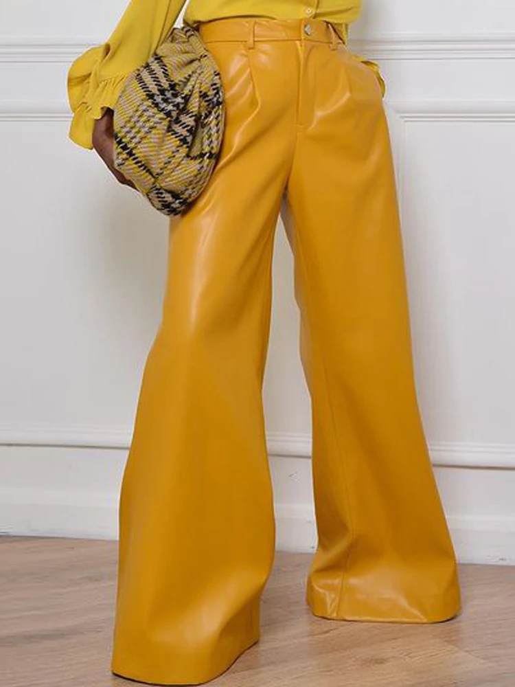 

Yellow Pants Plus Size 4XL 5XL High Waist Wide Leg Pu Leather Long Capris with Pockets for Ladies 2022 Spring Drop Shipping