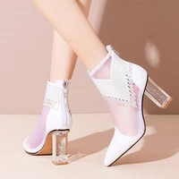 2022 new design crystal rhinestone mesh stretch fabric sock boots fashion pvc transparent pointed toe shoes sexy high heels