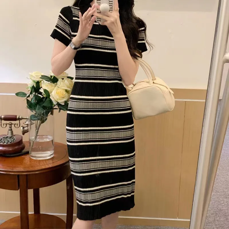 

Summer Korean Version Sweet Cute Waist Closing Temperament Medium Length Skirt Stripe Lapel Short Sleeve Knitted Dress for Women