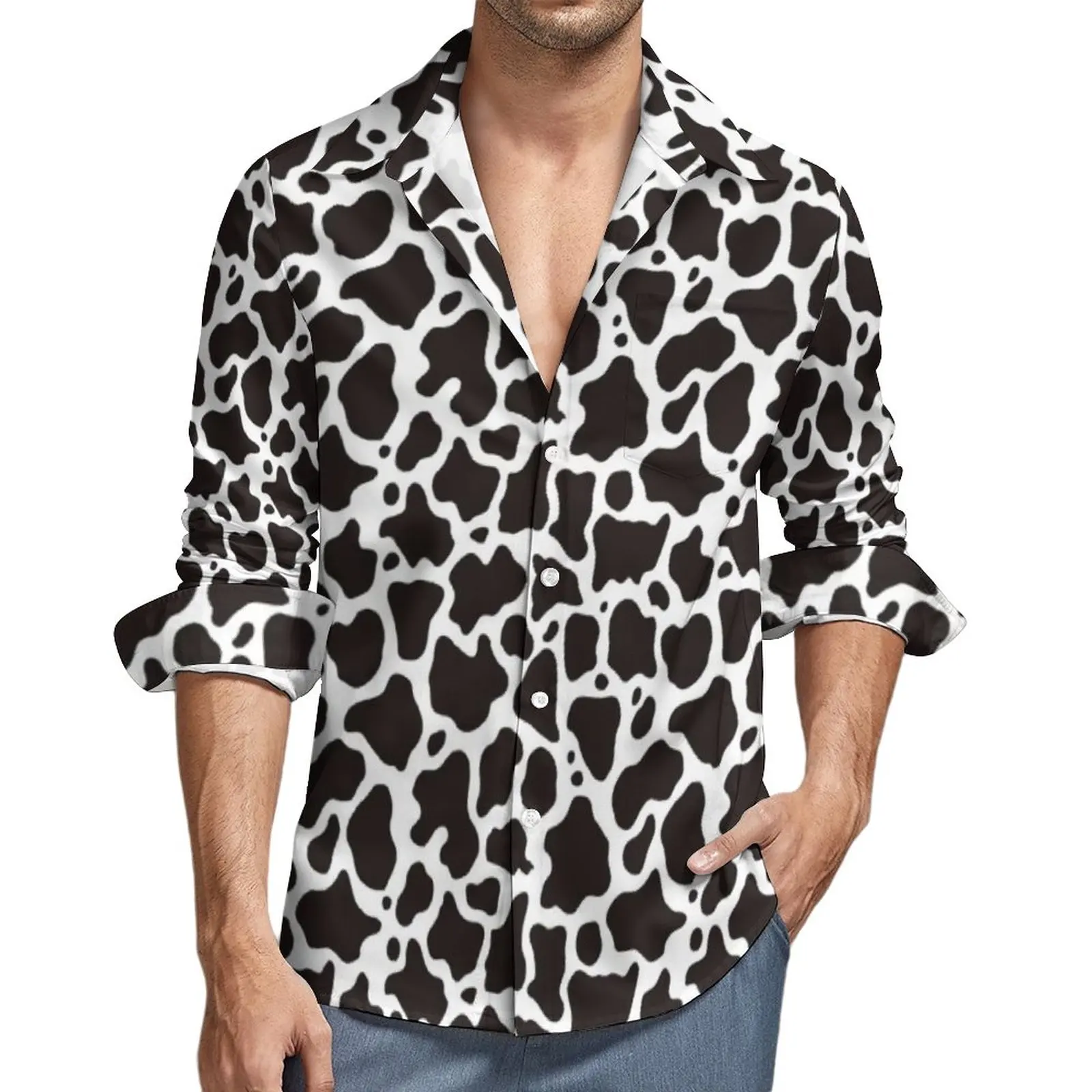 

Cow Pattern Shirt Black Spots Print Casual Shirts Long Sleeve Custom Harajuku Blouses Spring Fashion Oversized Clothing