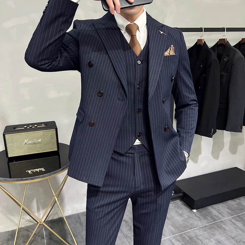 2023 Fashion New Men's Boutique Business Slim Wedding Striped Double Breasted Suit Blazers Jacket Pants Trousers Vest 3 Pcs Set