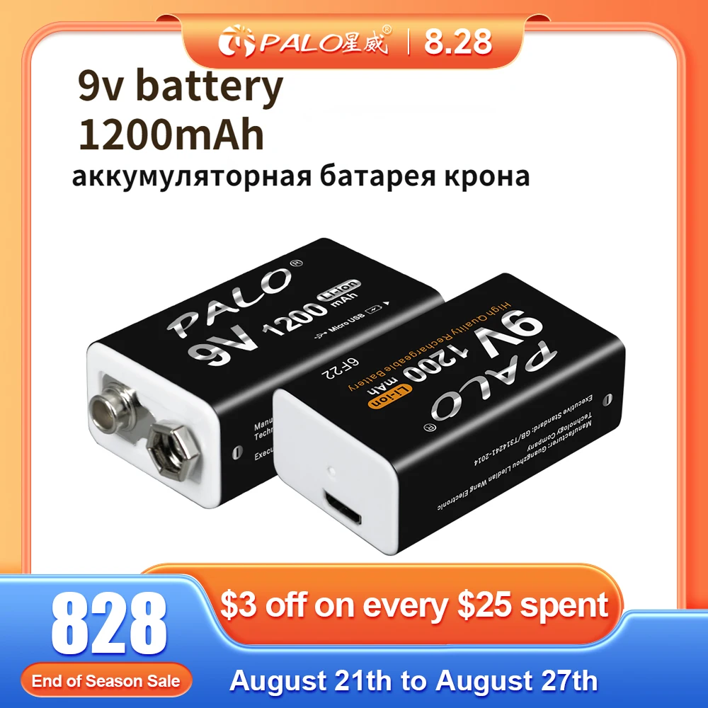 PALO 1200mAh Li-Ion 9V Battery Rechargeable Crown 9 Volts Fo