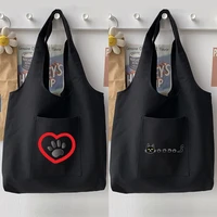 cartoon korean black shoulder bag shopping woman bag handbag casual footprint pattern printing large capacity tote bag commuter