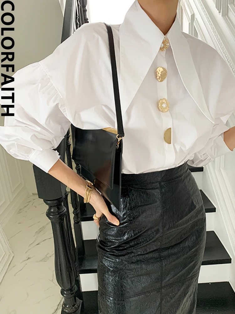 

Colorfaith BL3182Q New 2023 Spring Autunm Blouses Shirts Vintage Puff Sleeve Korean Style Office Elegant Lady Fashionable Tops